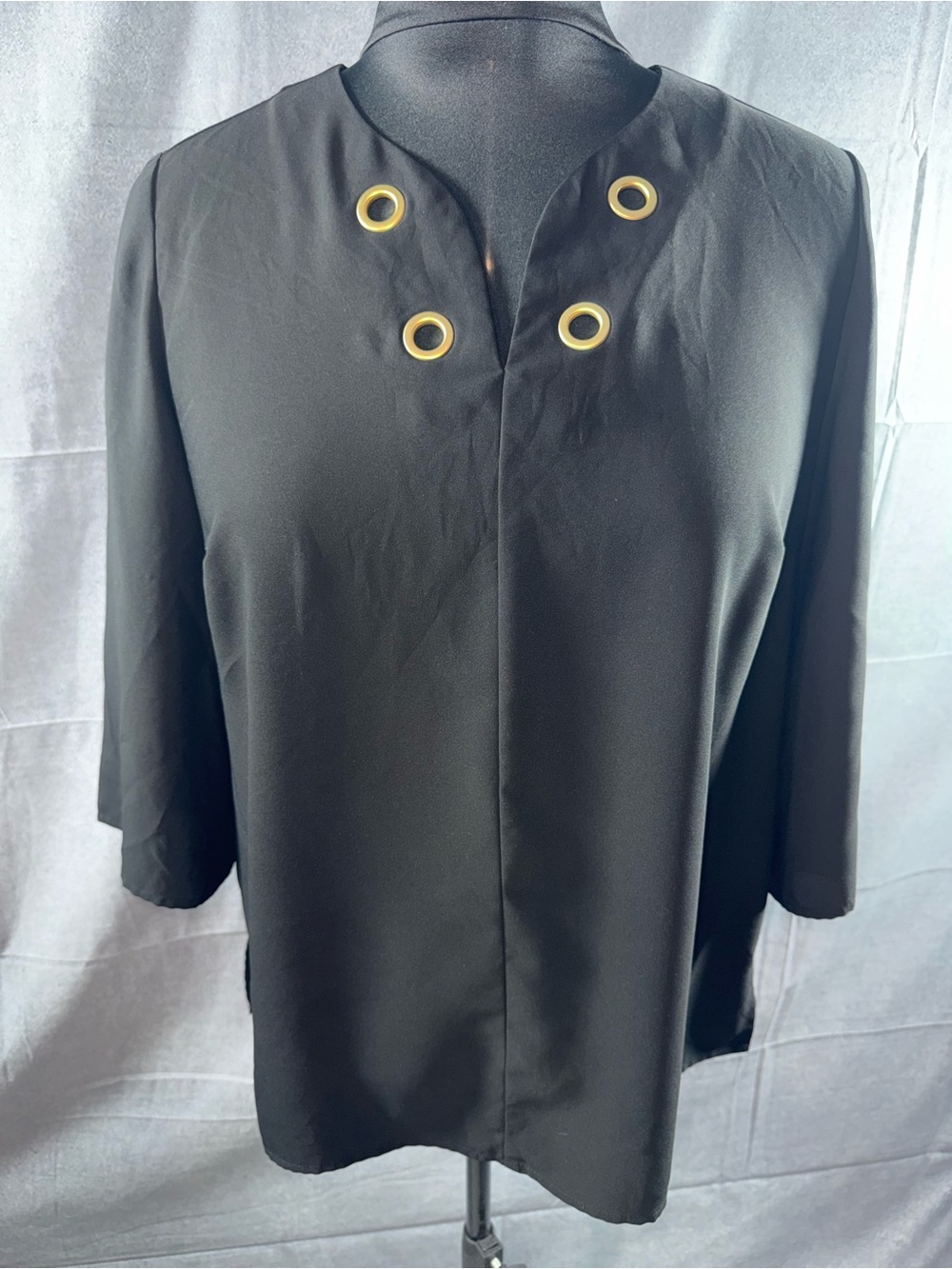 2884-Chico's Black Open-Front Jacket with Gold Eyelet Accents
